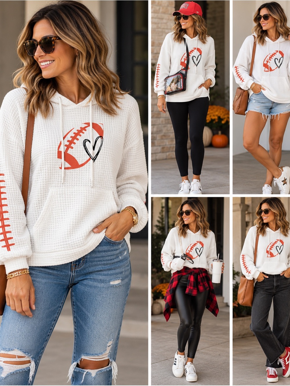 SHEIN White Waffle Knit Hoodie with Orange Football & Black Heart Graphic